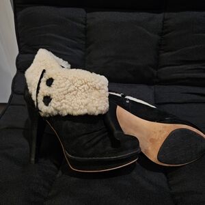 UGG Black Heeled Boots with Cream Fur Trim